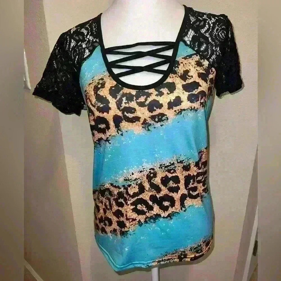 Tops - Multicolored Lace-Up T-Shirt with Cut Out Detail